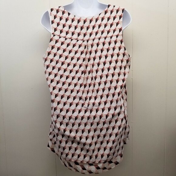 White House Black Market S Silk Shirt Top Lined Hi Low Shell Geometric V Neck - Picture 4 of 6